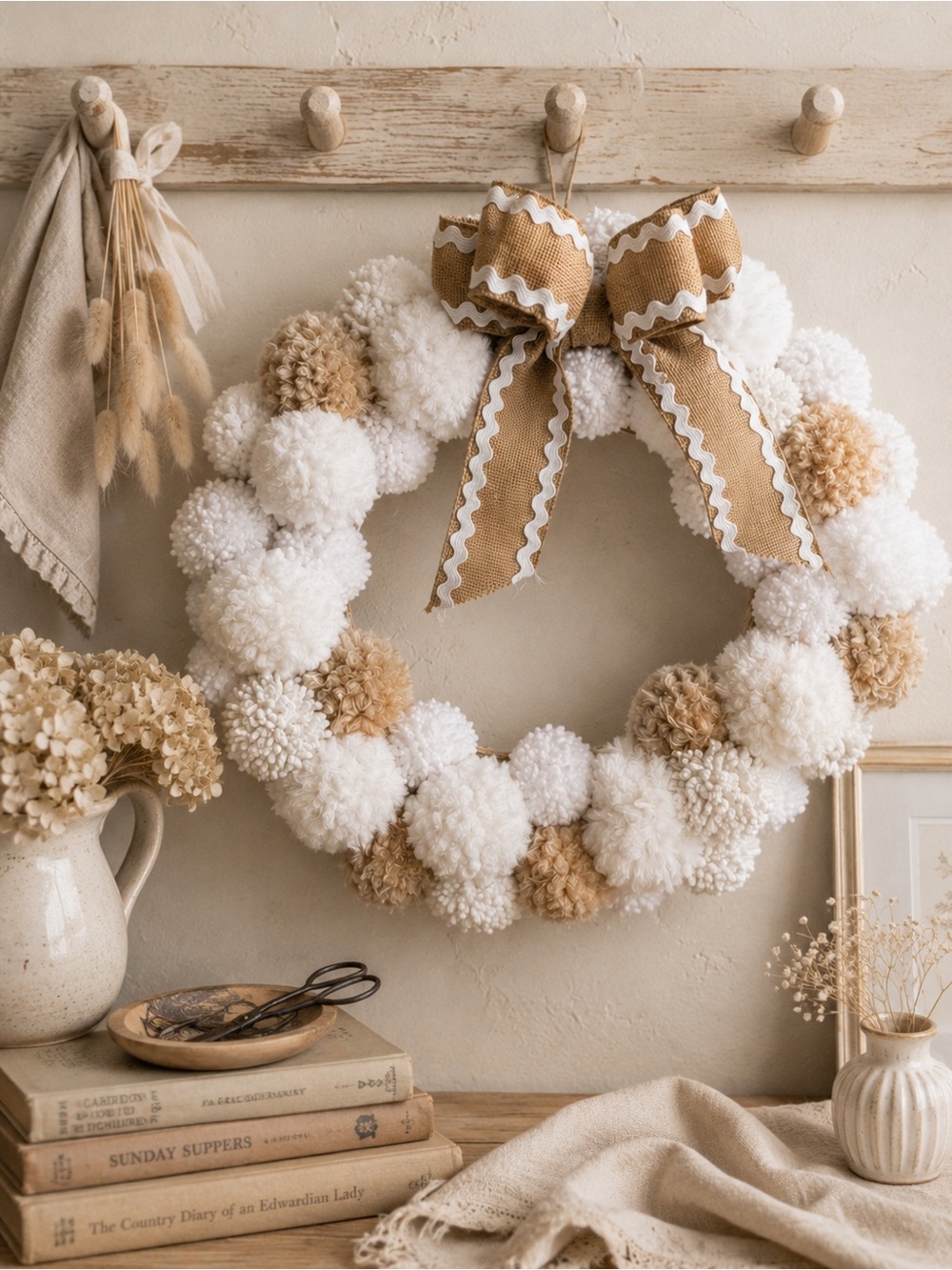 Handmade Pom Pom Wreath Neutral Tones‎ Cream Brown White Burlap Bow Straw Form